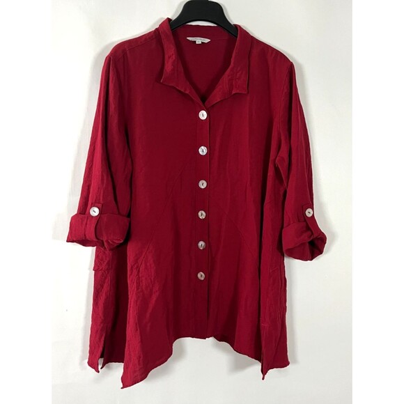 John Mark Shirt Women XL Button Tunic Wire Collar Red Artsy Lagenlook‎ Oversized - Picture 1 of 6
